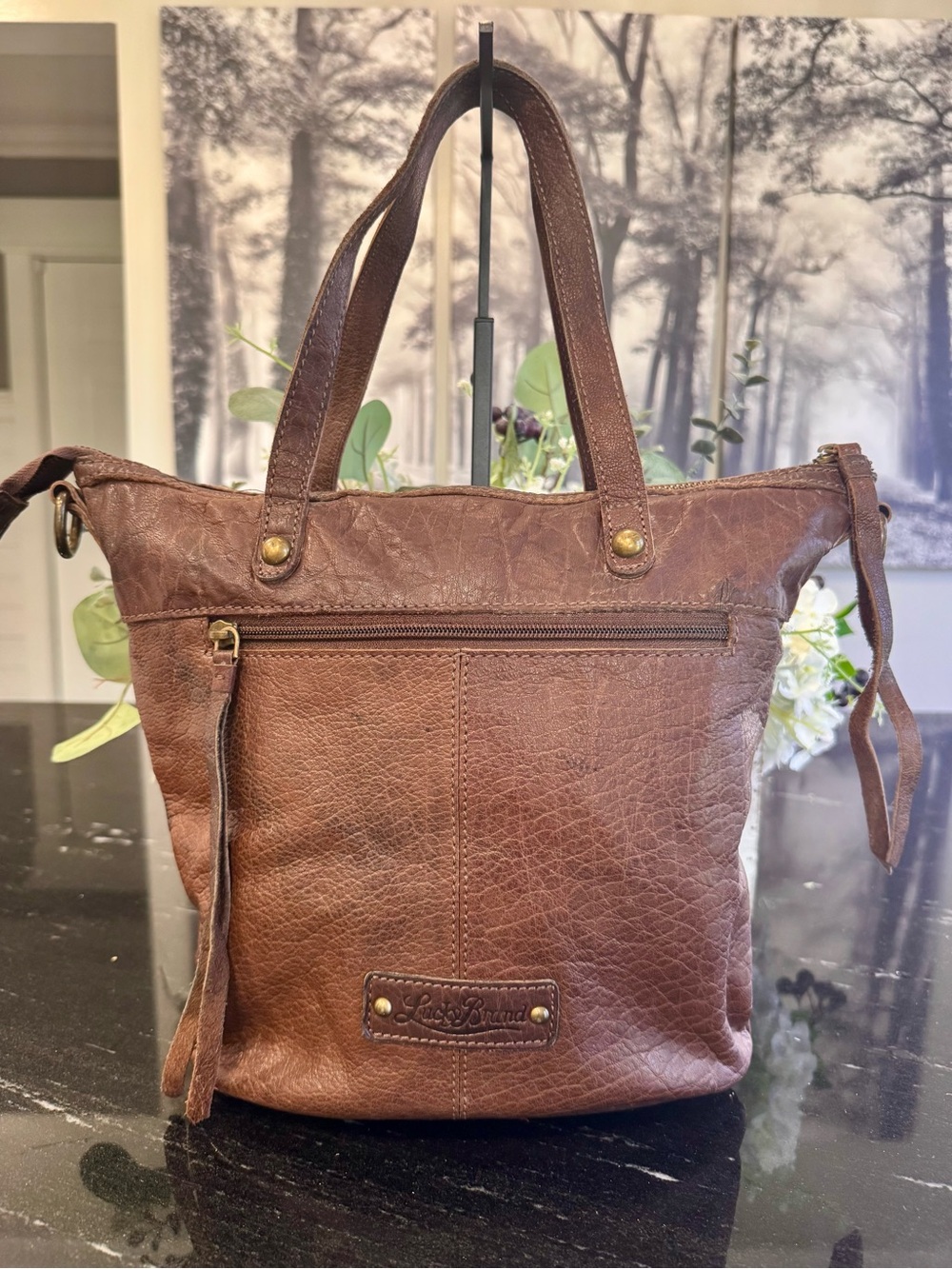 🤎Lucky Brand Leather Patchwork Convertible Tote Crossbody Bag Brown - Picture 6 of 11